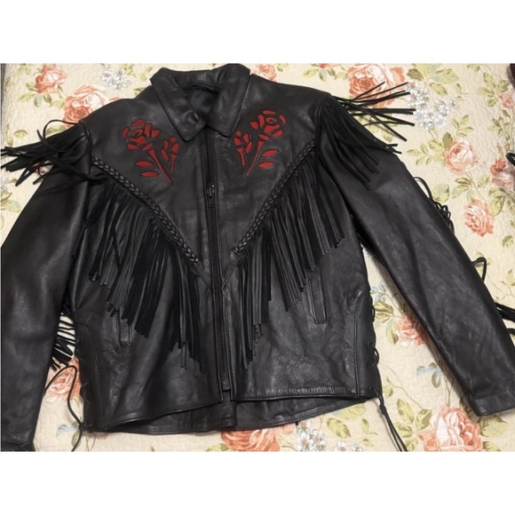 Jackets & Blazers - Women’s Black Fringe Leather Biker Motorcycle Jacket Rose Pattern Size Large
